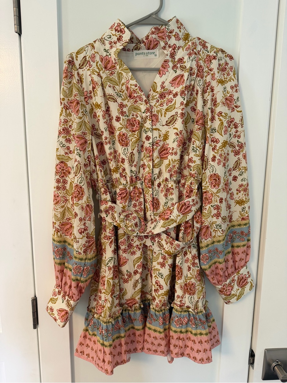 Girls' Floral Belted Casual Dress - Pink & Cream